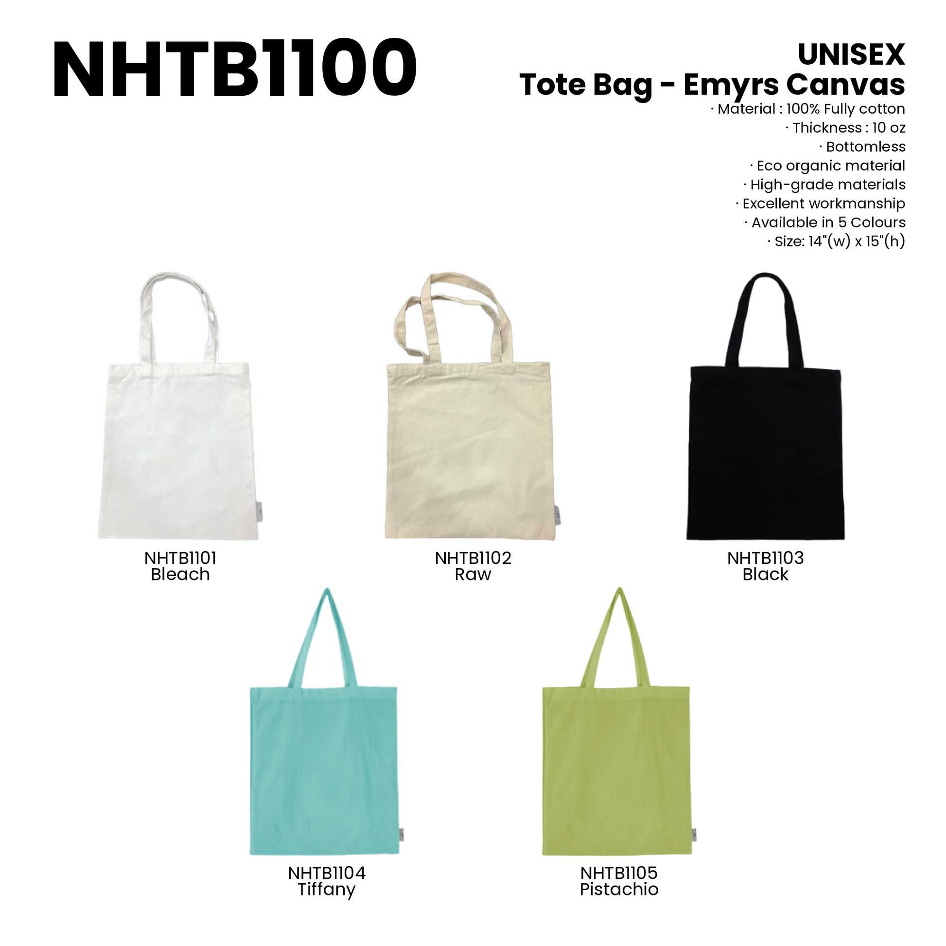 Tote Bag - Emyrs Canvas | Cotton | 14"(W) x 15"(H) | NHTB1100 | Artiztee | Collection | Size Chart