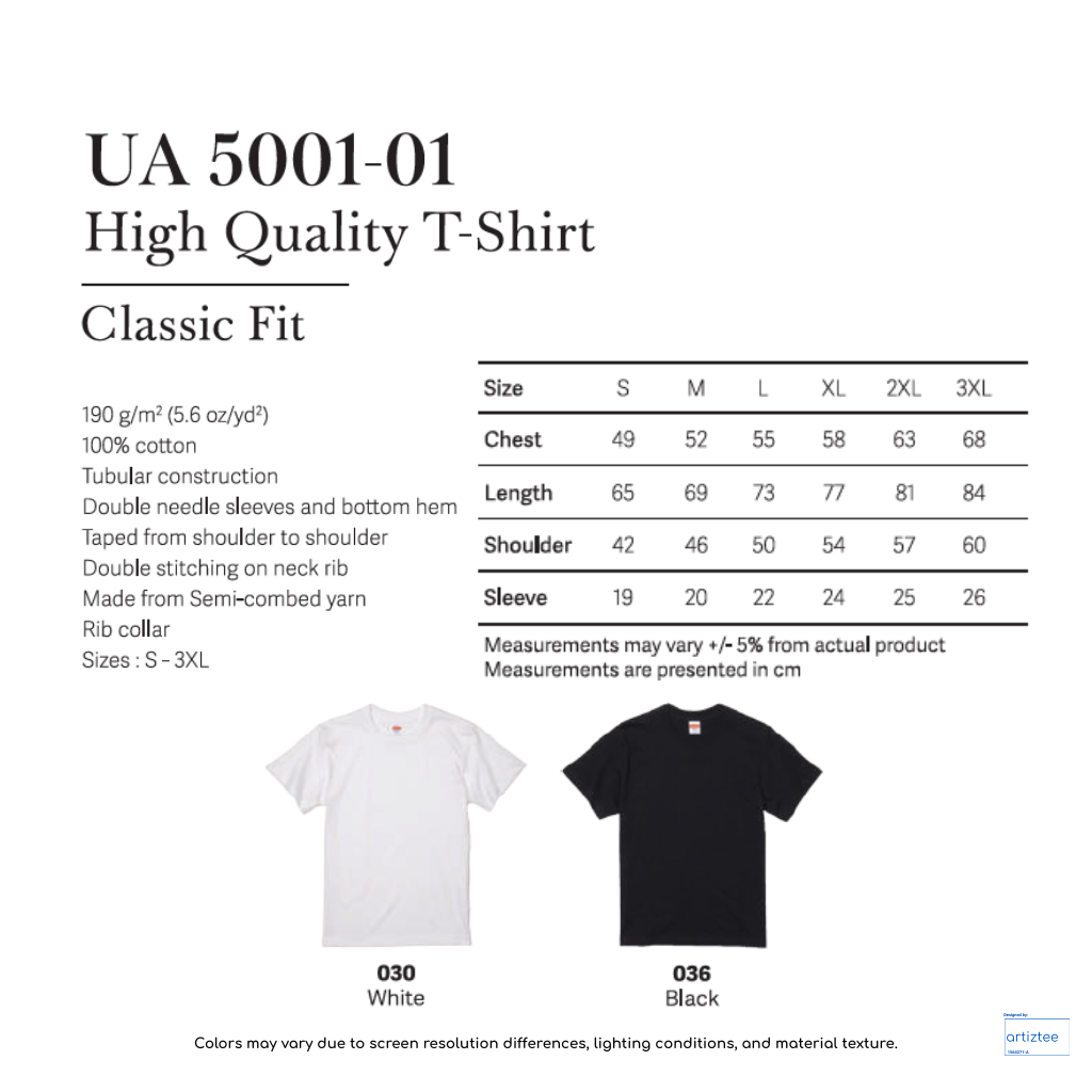 T-Shirt - High Quality Cotton Classic Fit Unisex | UA5001-01 | Artiztee | Collection | Size Chart