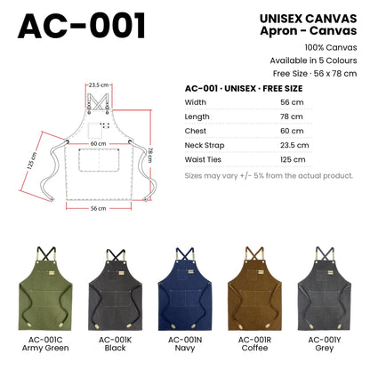 AC-001 size chart and all 5 colours with codes and names