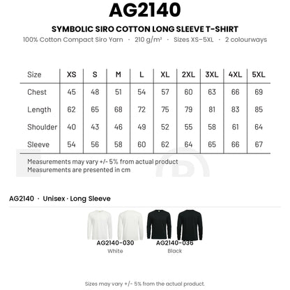 AG2140 size chart and both colourways with codes and names