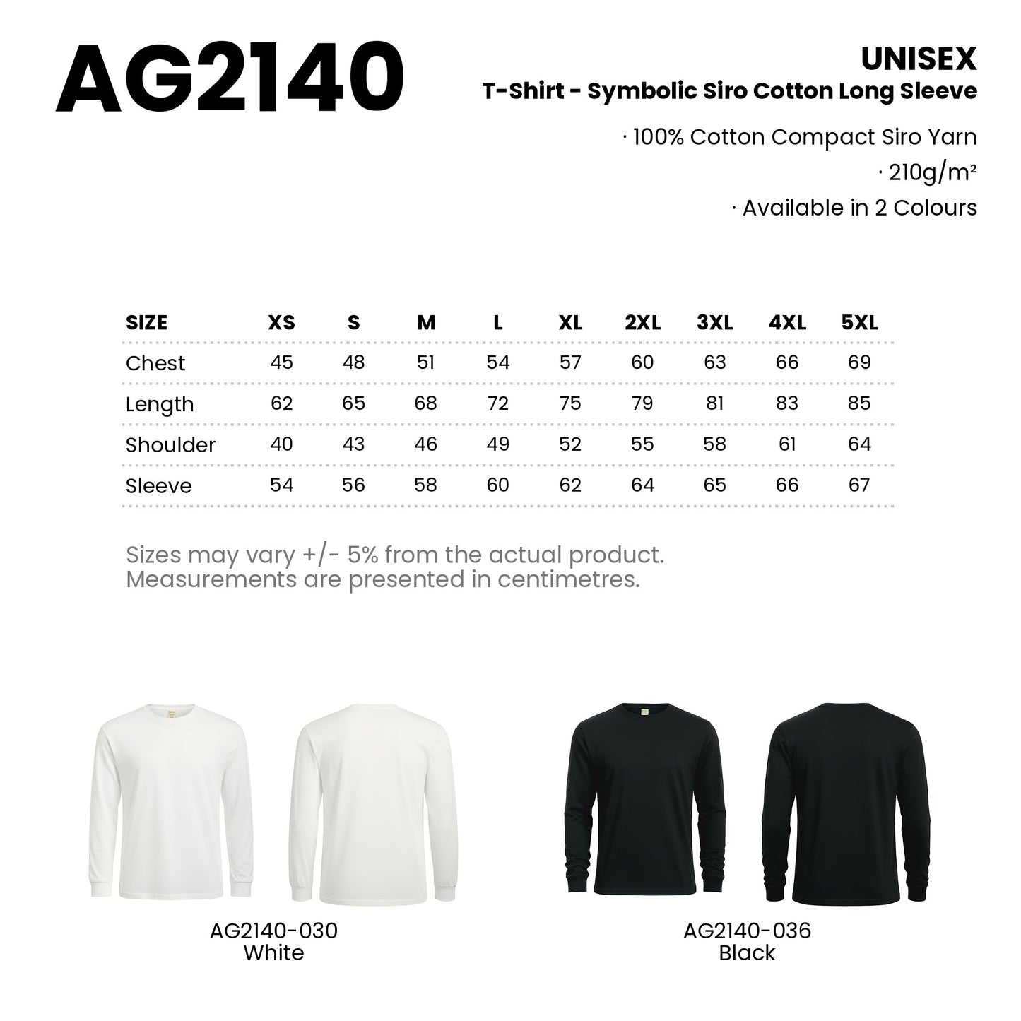 AG2140 size chart and both colourways with codes and names