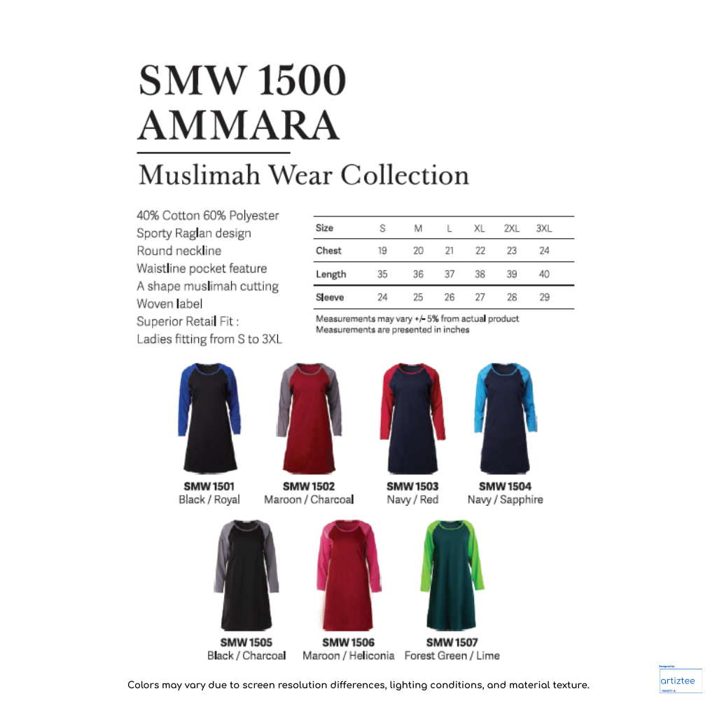 Ammara Muslimah 180gsm SMW1500 Artiztee Collection Size Chart