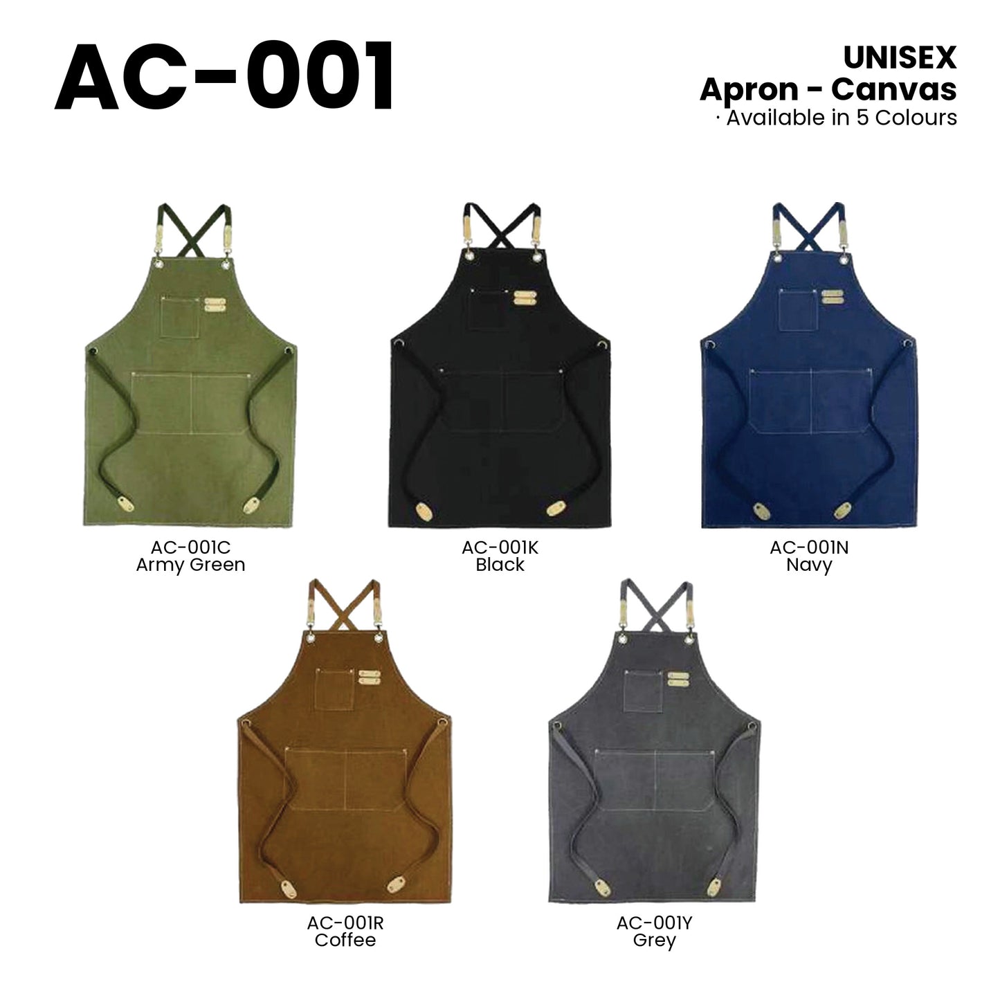 AC-001 — all 5 colourways with codes and names