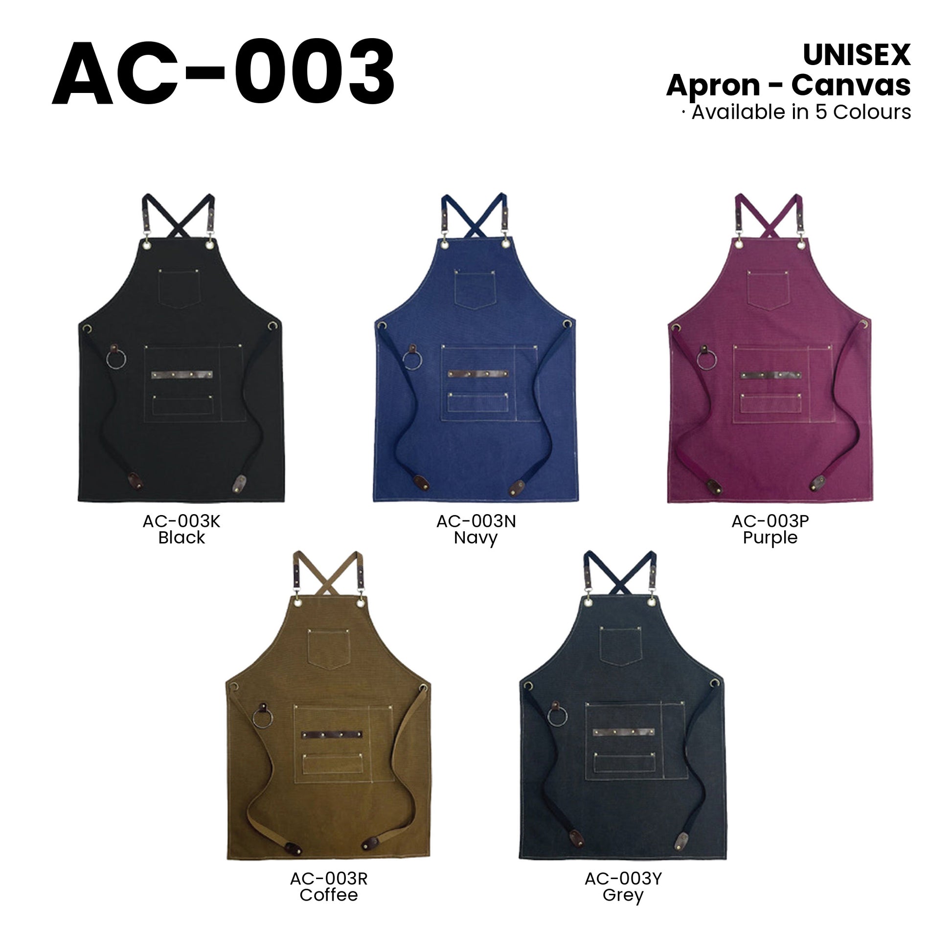 AC-003 — all 5 colourways with codes and names