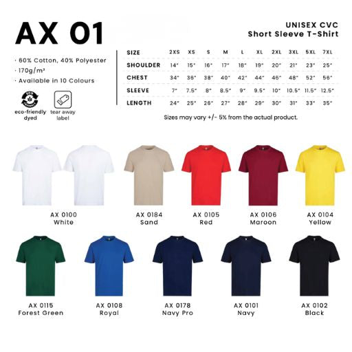 AX01 unisex CVC t-shirt size chart 2XS–7XL with shoulder, chest, sleeve and length measurements