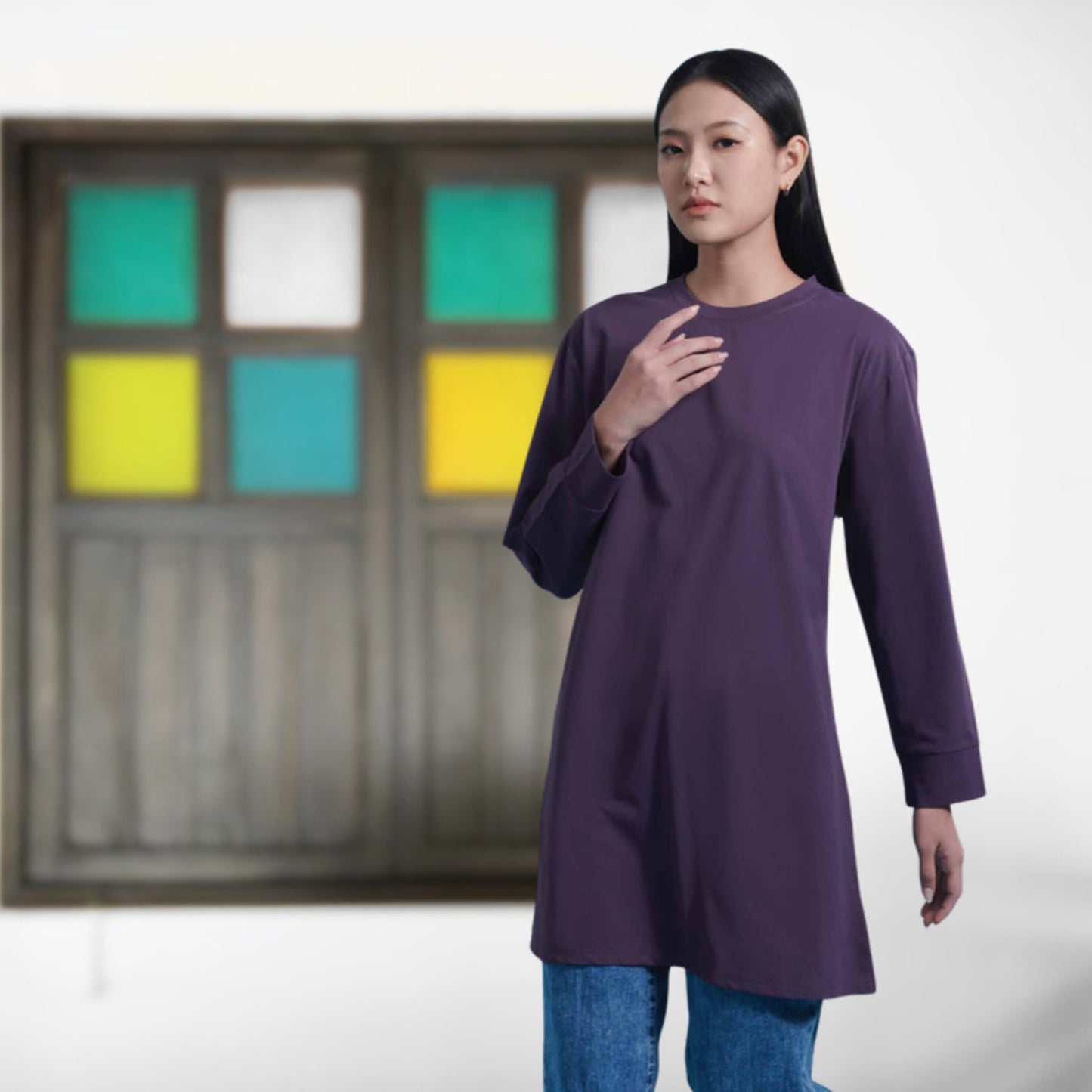 Woman wearing Axton AX04 long sleeve muslimah t-shirt 180gsm in ultra violet – custom logo printing & embroidery Malaysia