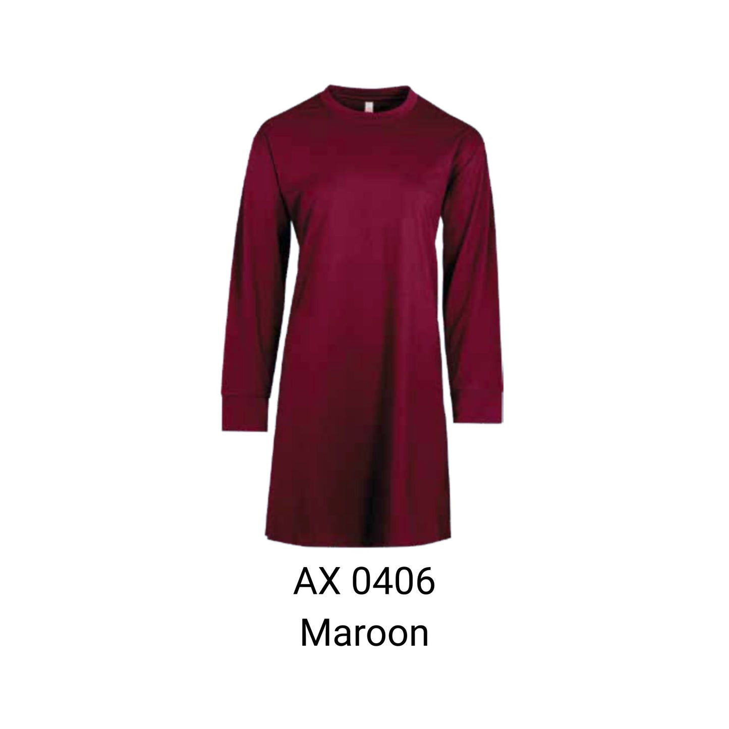 AX0406 Maroon muslimah long sleeve t-shirt 180gsm tunic length – custom logo printing & embroidery Malaysia