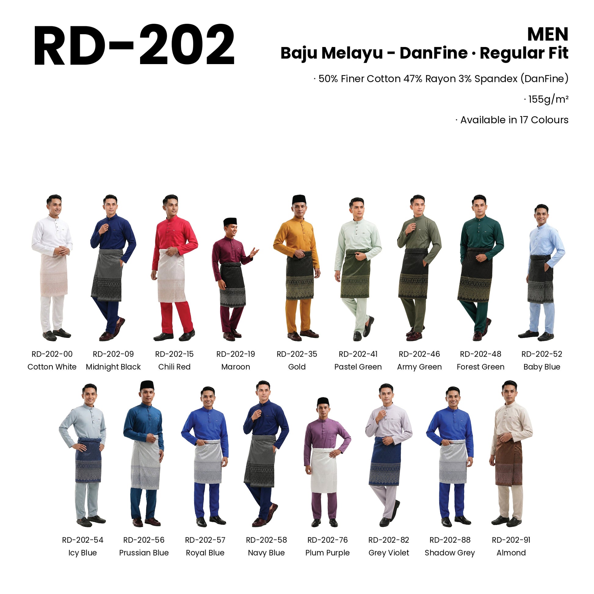 RD-202 — all 17 colourways with codes and names