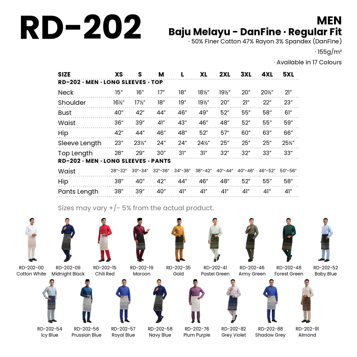 RD-202 size chart and all 17 colourways with codes and names