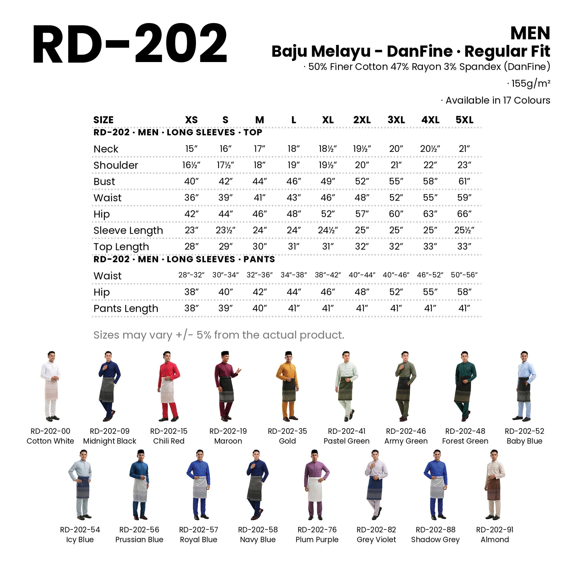 RD-202 size chart and all 17 colourways with codes and names
