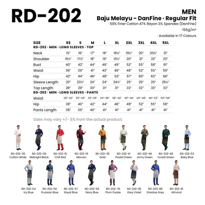 RD-202 size chart and all 17 colourways with codes and names
