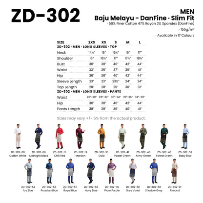ZD-302 size chart and all 17 colourways with codes and names