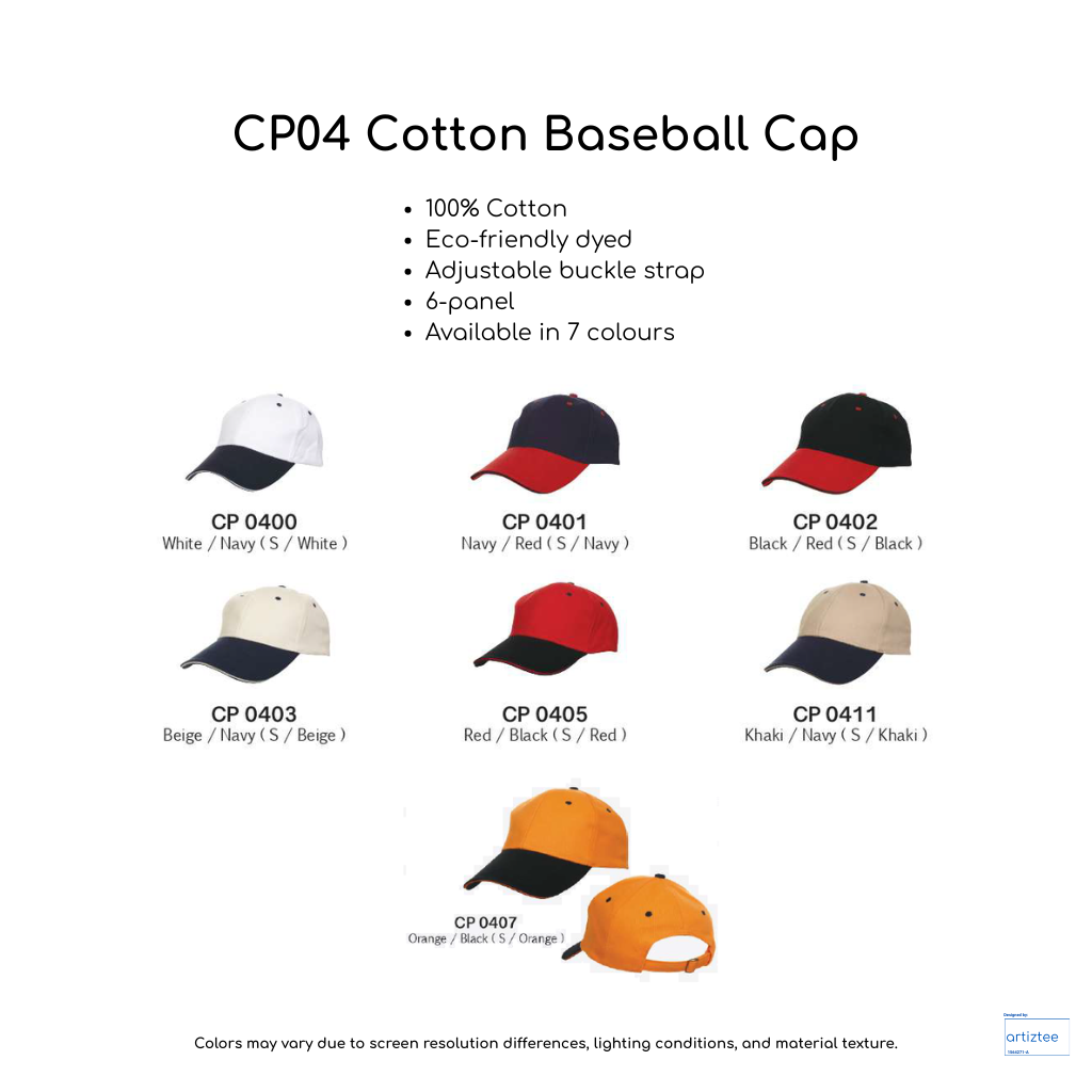 Baseball Cap - Cotton CP04 | Artiztee | Collection | Size Chart