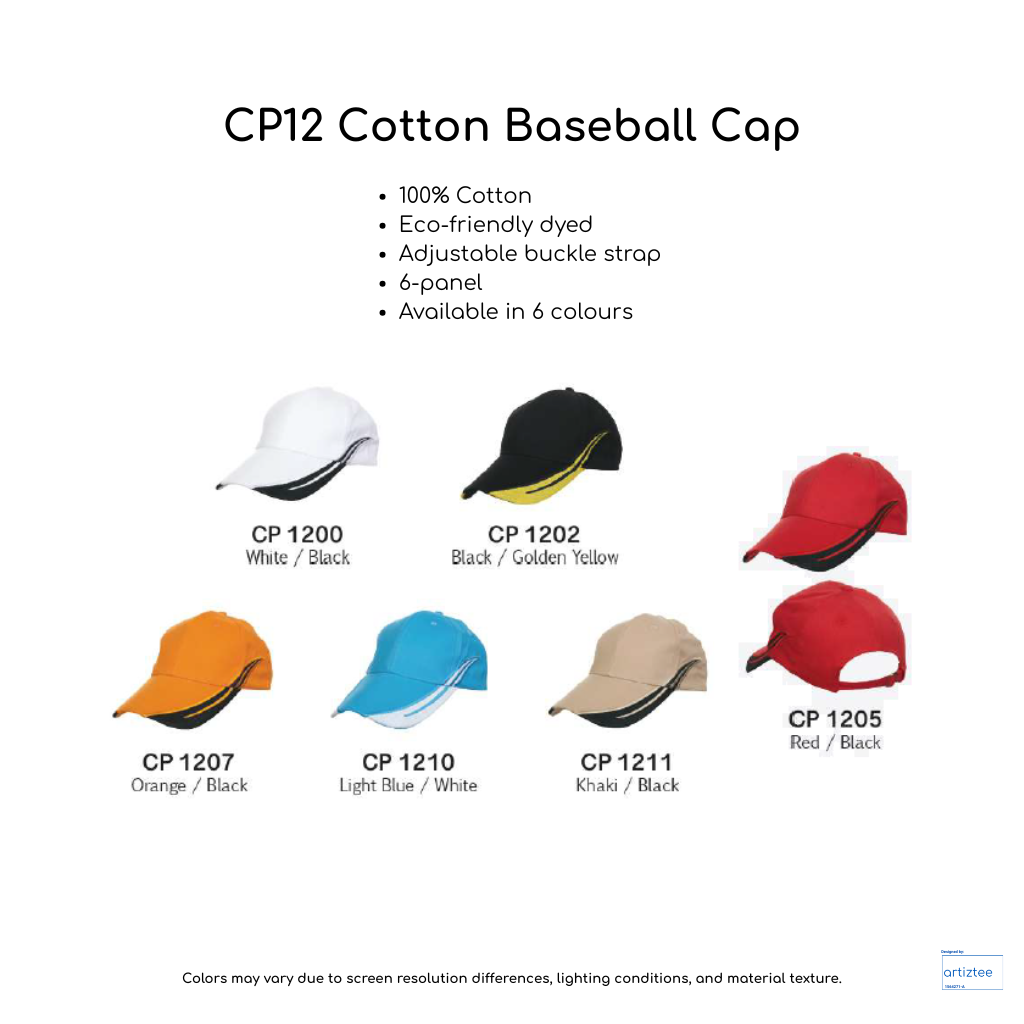Baseball Cap - Cotton CP12 | Artiztee | Collection | Size Chart