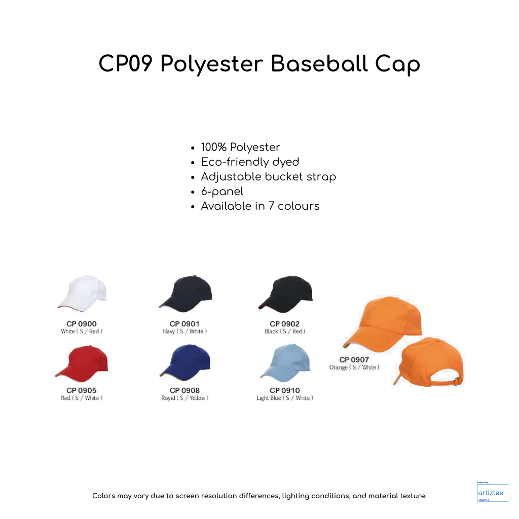 Baseball Cap - Polyester CP09 | Artiztee | Collection | Size Chart