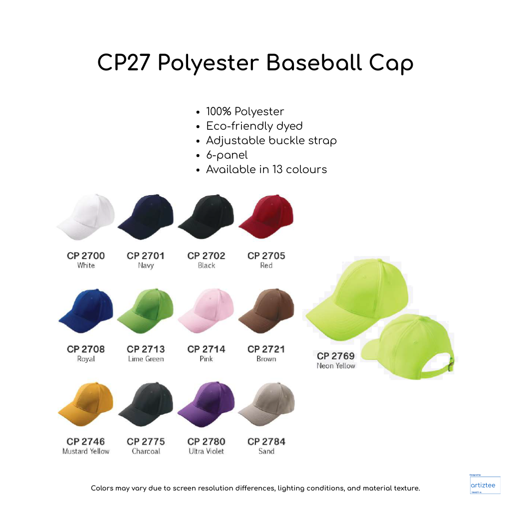 Baseball Cap - Polyester CP27 | Artiztee | Collection Size Chart