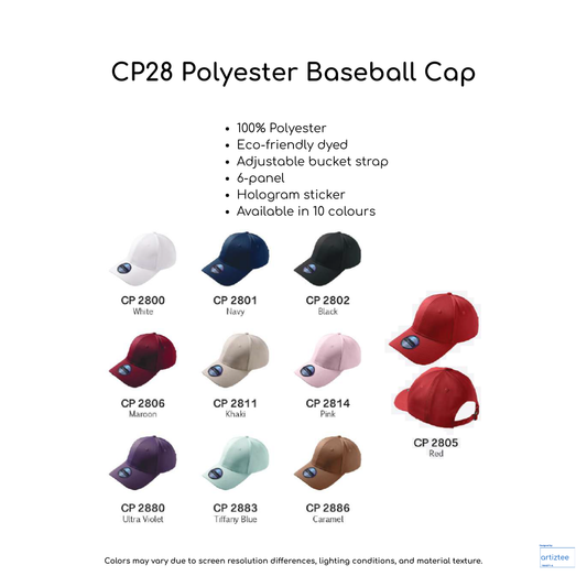 Baseball Cap - Polyester CP28 | Artiztee | Collection Size Chart