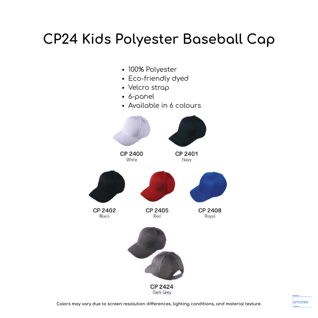 Baseball Cap - Polyester Kids CP24 | Artiztee | Collection Size Chart