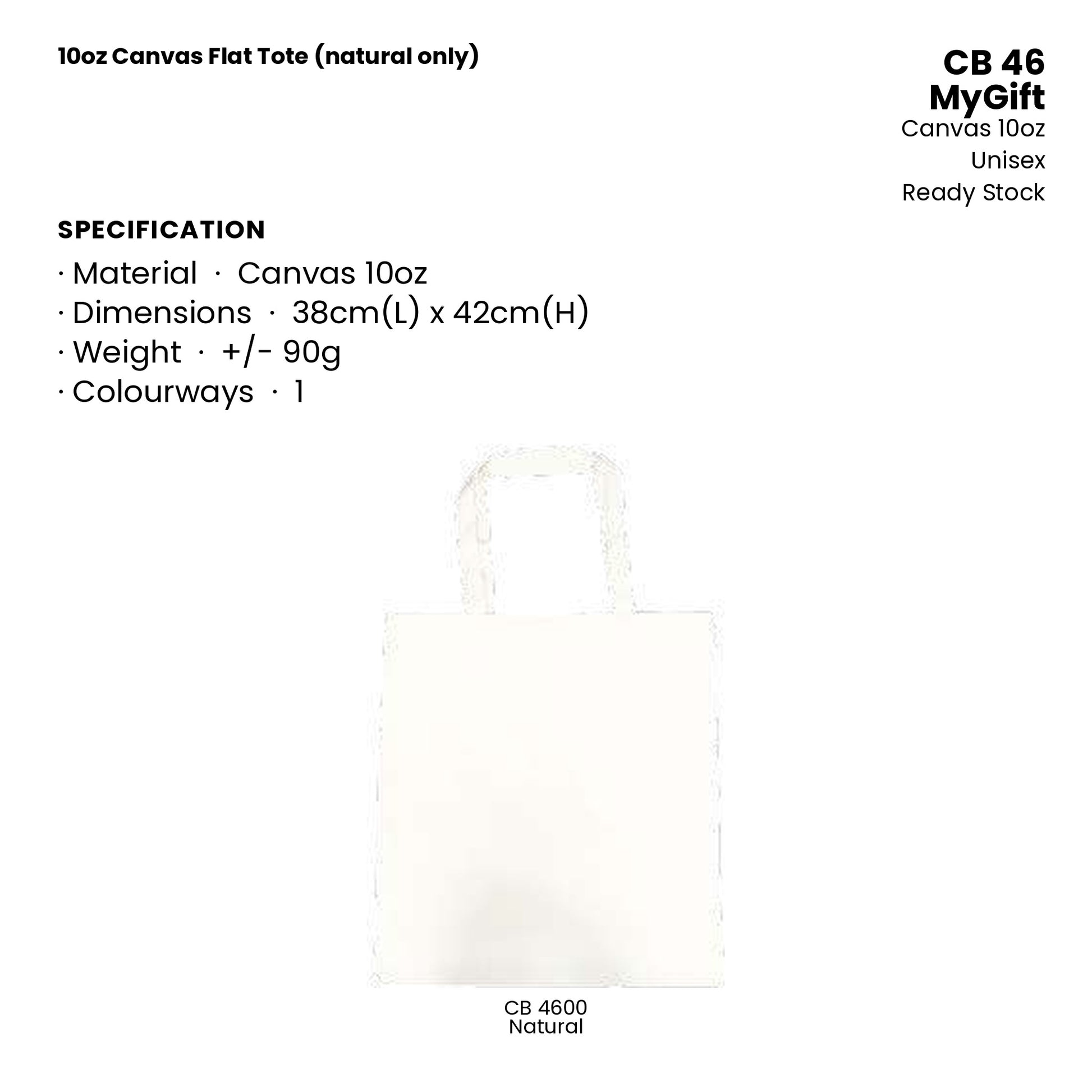 Canvas Bags - 10oz Canvas Flat Tote (natural only) | CB46 | Specification and colour range | Artiztee