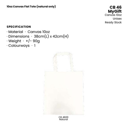 Canvas Bags - 10oz Canvas Flat Tote (natural only) | CB46 | Specification and colour range | Artiztee