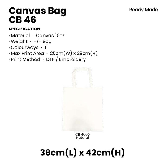 Canvas Bags - 10oz Canvas Flat Tote (natural only) | CB46 | Specification and colour range | Artiztee