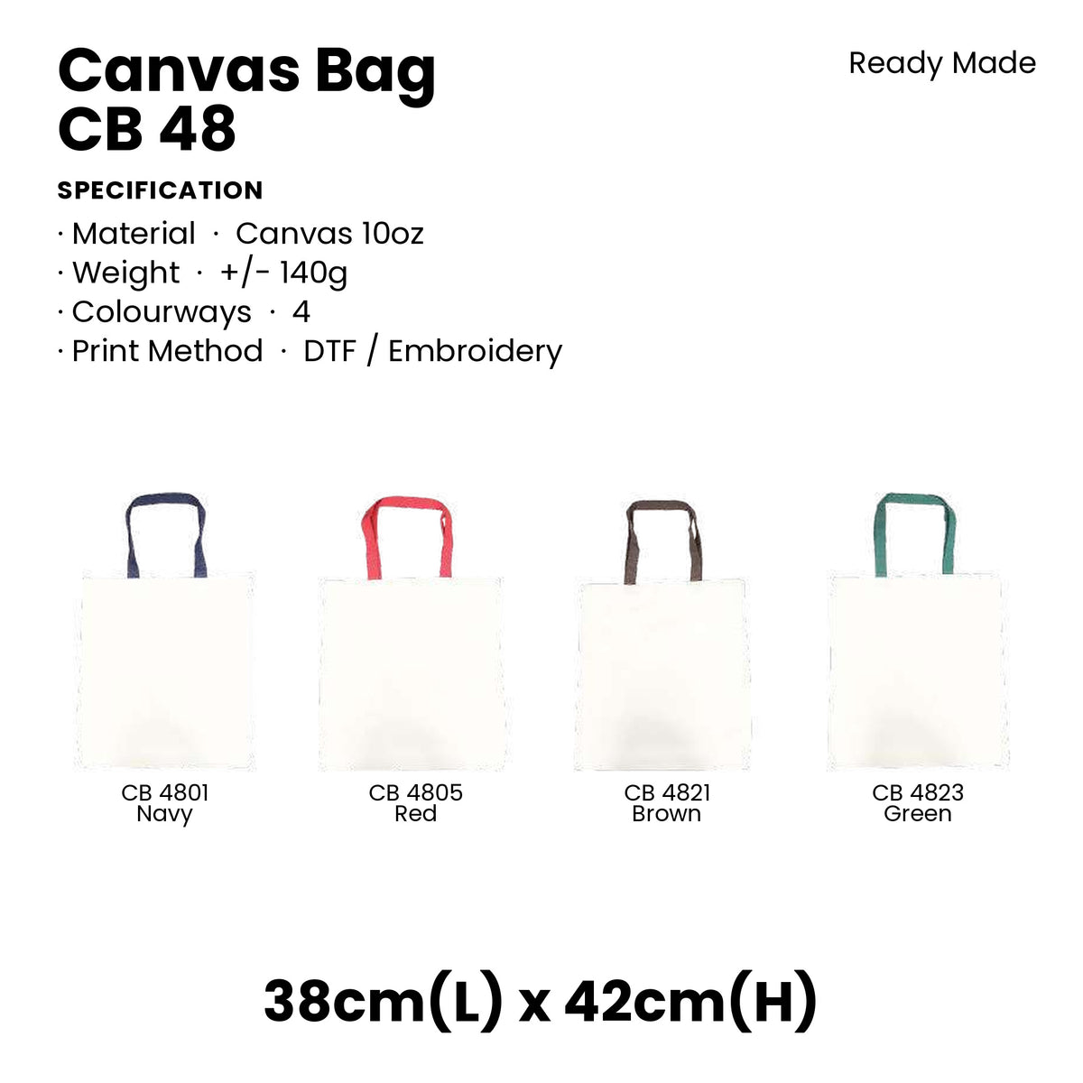 Canvas Bags - 10oz Canvas Flat Tote with Contrast Handles | CB48 | Specification and colour range | Artiztee