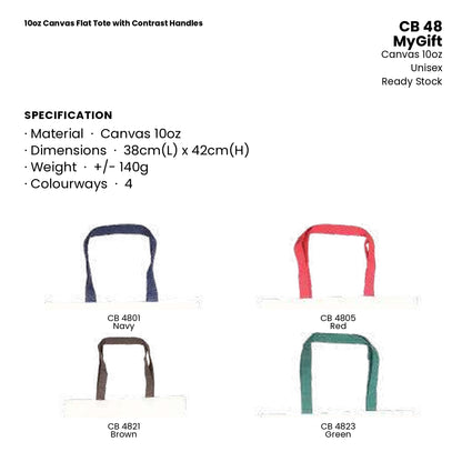 Canvas Bags - 10oz Canvas Flat Tote with Contrast Handles | CB48 | Specification and colour range | Artiztee