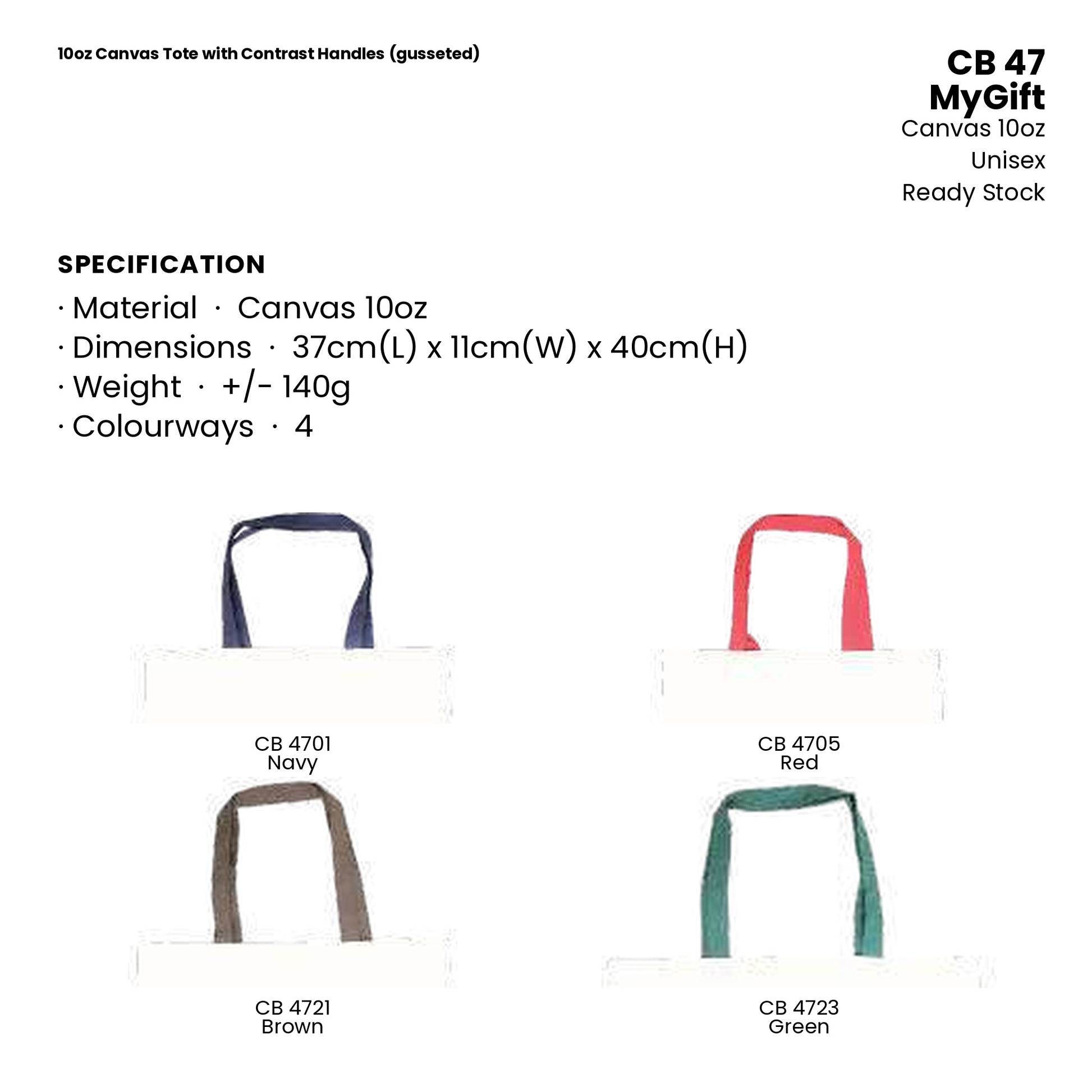 Canvas Bags - 10oz Canvas Tote with Contrast Handles (gusseted) | CB47 | Specification and colour range | Artiztee