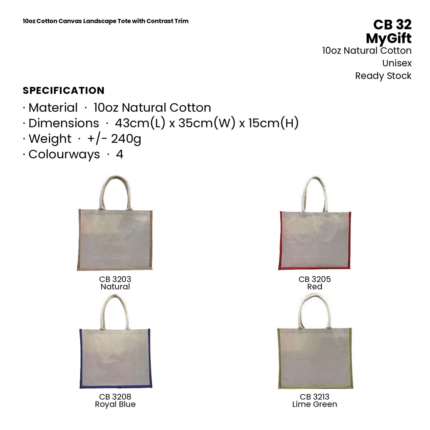 Canvas Bags - 10oz Cotton Canvas Landscape Tote with Contrast Trim | CB32 | Specification and colour range | Artiztee