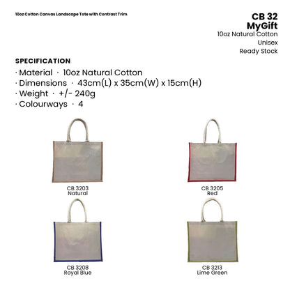 Canvas Bags - 10oz Cotton Canvas Landscape Tote with Contrast Trim | CB32 | Specification and colour range | Artiztee