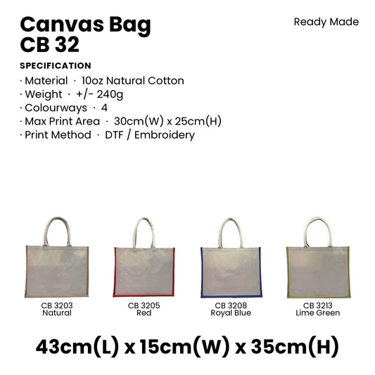 Canvas Bags - 10oz Cotton Canvas Landscape Tote with Contrast Trim | CB32 | Specification and colour range | Artiztee