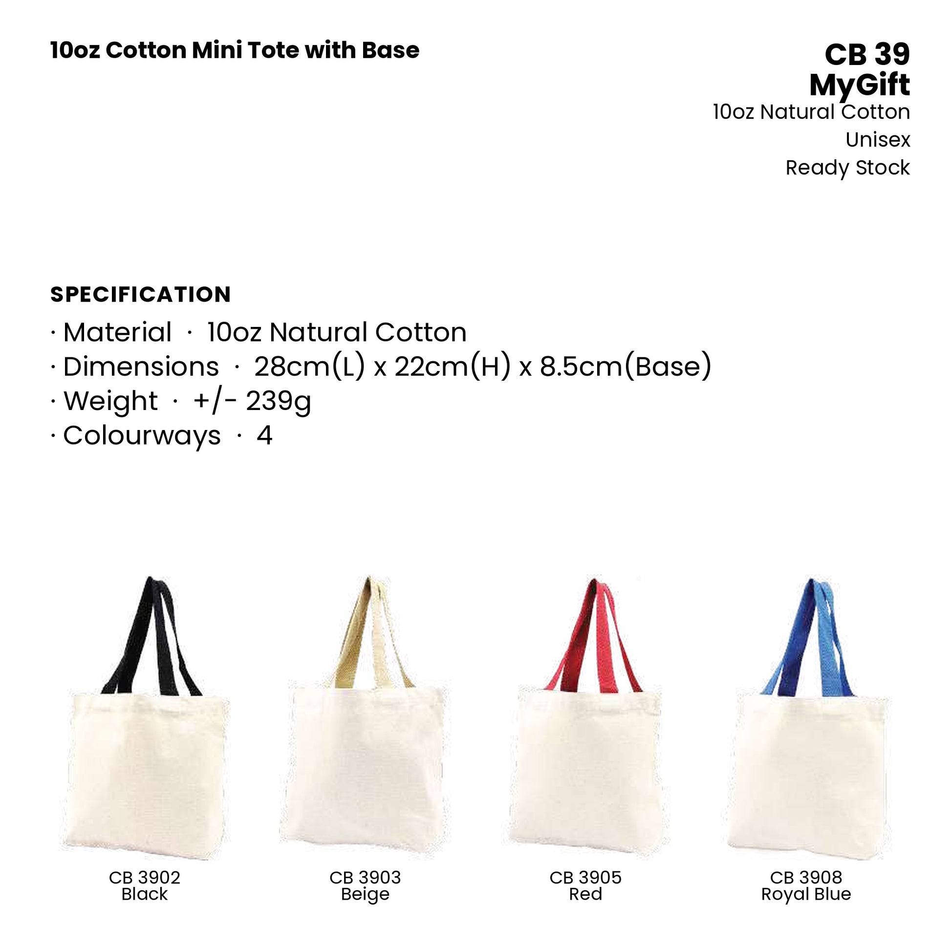 Canvas Bags - 10oz Cotton Mini Tote with Base | CB39 | Specification and colour range | Artiztee