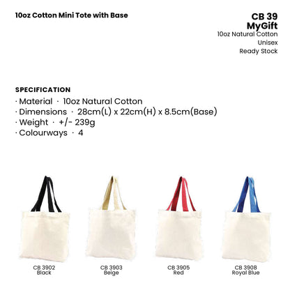 Canvas Bags - 10oz Cotton Mini Tote with Base | CB39 | Specification and colour range | Artiztee
