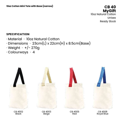 Canvas Bags - 10oz Cotton Mini Tote with Base (narrow) | CB40 | Specification and colour range | Artiztee
