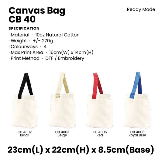 Canvas Bags - 10oz Cotton Mini Tote with Base (narrow) | CB40 | Specification and colour range | Artiztee