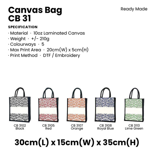 Canvas Bags - 10oz Laminated Canvas Damask-Print Tote (portrait) | CB31 | Specification and colour range | Artiztee
