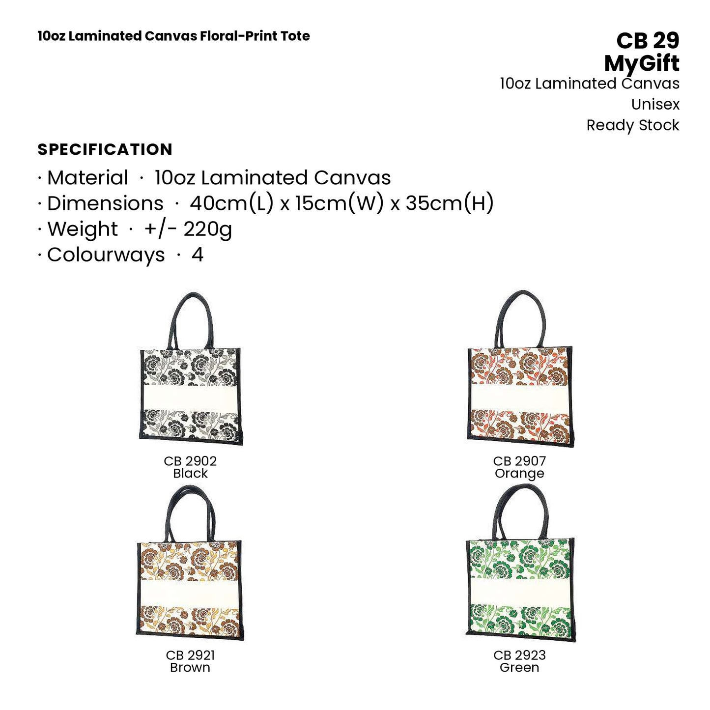 Canvas Bags - 10oz Laminated Canvas Floral-Print Tote | CB29 | Specification and colour range | Artiztee