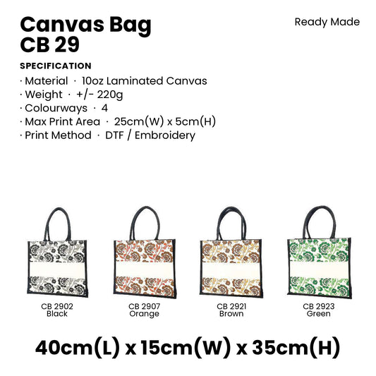 Canvas Bags - 10oz Laminated Canvas Floral-Print Tote | CB29 | Specification and colour range | Artiztee