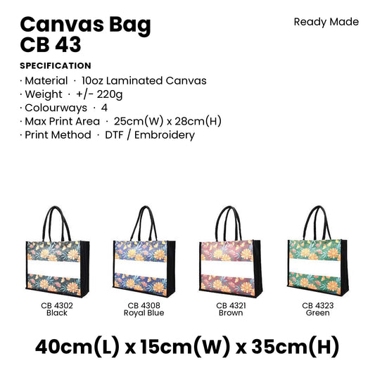 Canvas Bags - 10oz Laminated Canvas Floral-Print Tote (dark ground) | CB43 | Specification and colour range | Artiztee