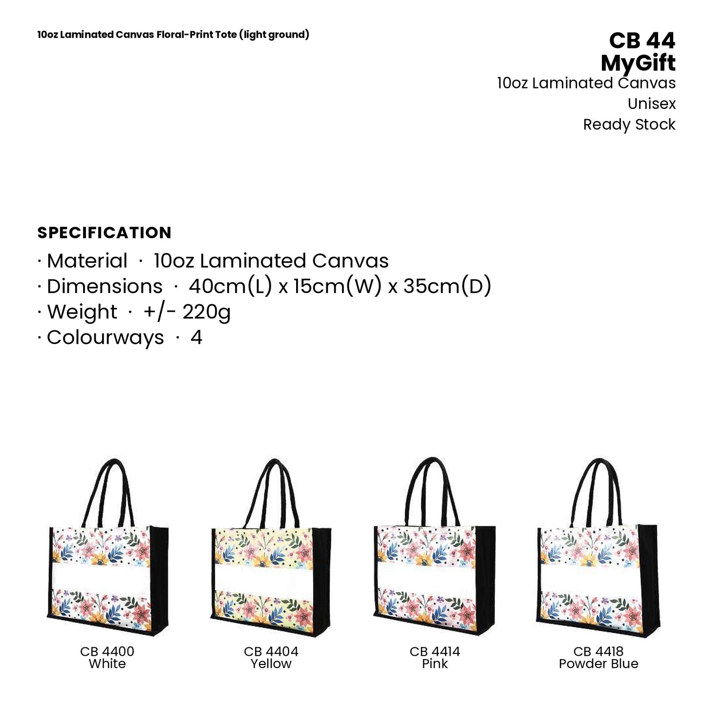 Canvas Bags - 10oz Laminated Canvas Floral-Print Tote (light ground) | CB44 | Specification and colour range | Artiztee