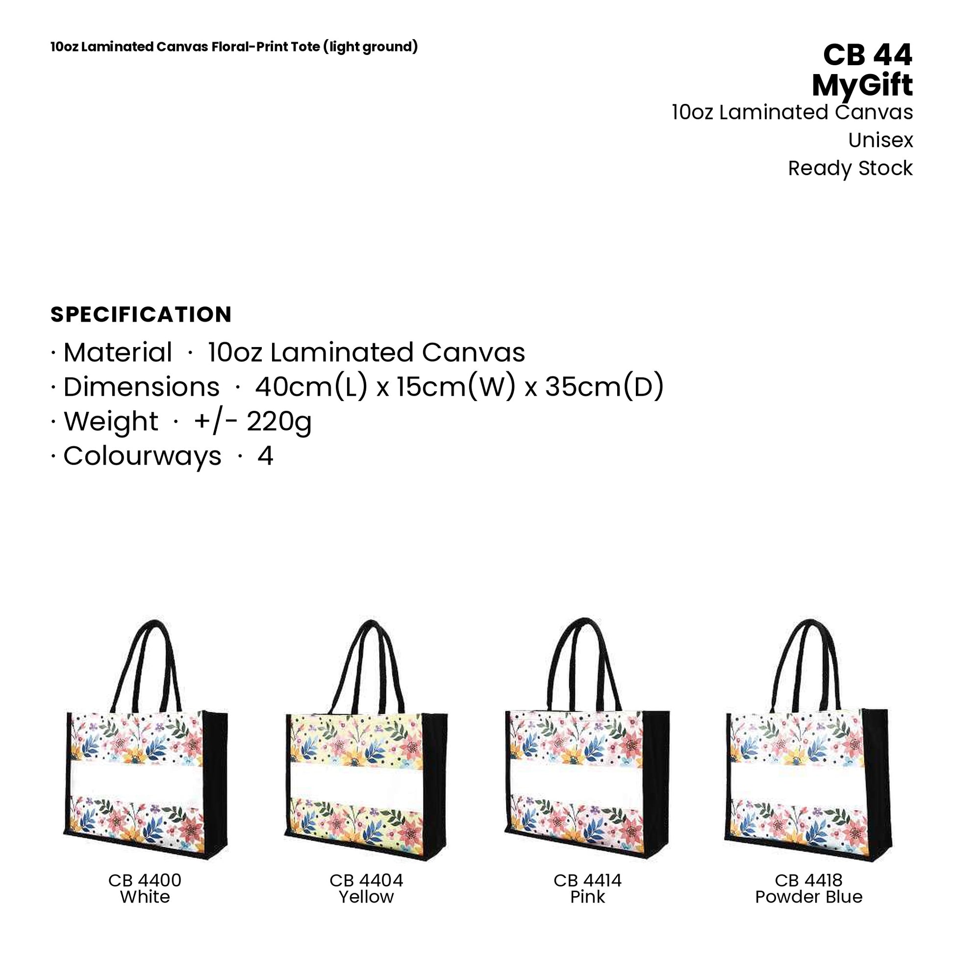 Canvas Bags - 10oz Laminated Canvas Floral-Print Tote (light ground) | CB44 | Specification and colour range | Artiztee