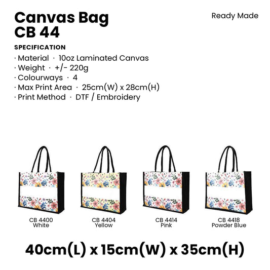 Canvas Bags - 10oz Laminated Canvas Floral-Print Tote (light ground) | CB44 | Specification and colour range | Artiztee