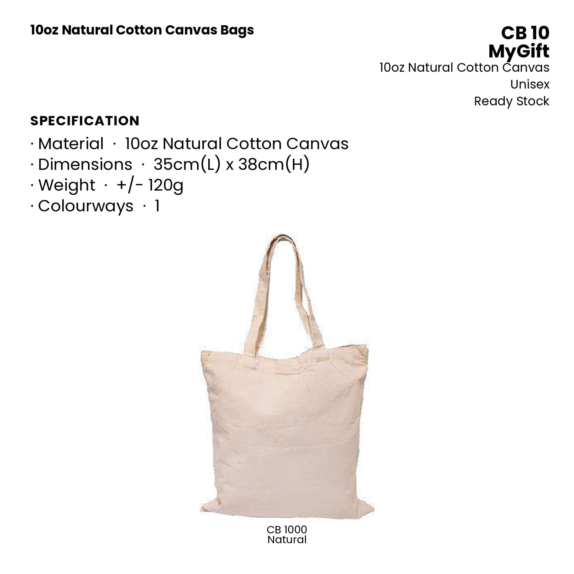 Canvas Bags - 10oz Natural Cotton Canvas Bags | CB10 | Specification and colour range | Artiztee