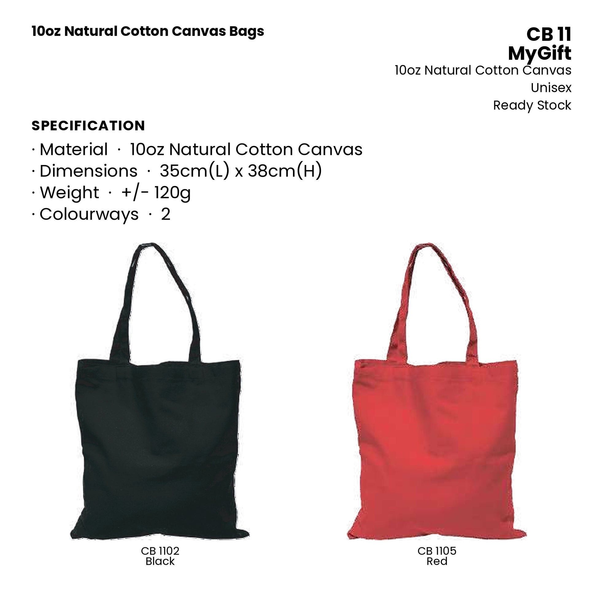 Canvas Bags - 10oz Natural Cotton Canvas Bags | CB11 | Specification and colour range | Artiztee