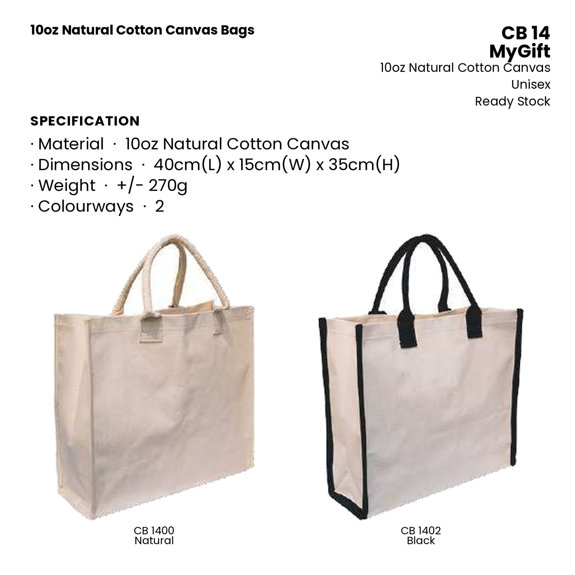Canvas Bags - 10oz Natural Cotton Canvas Bags | CB14 | Specification and colour range | Artiztee