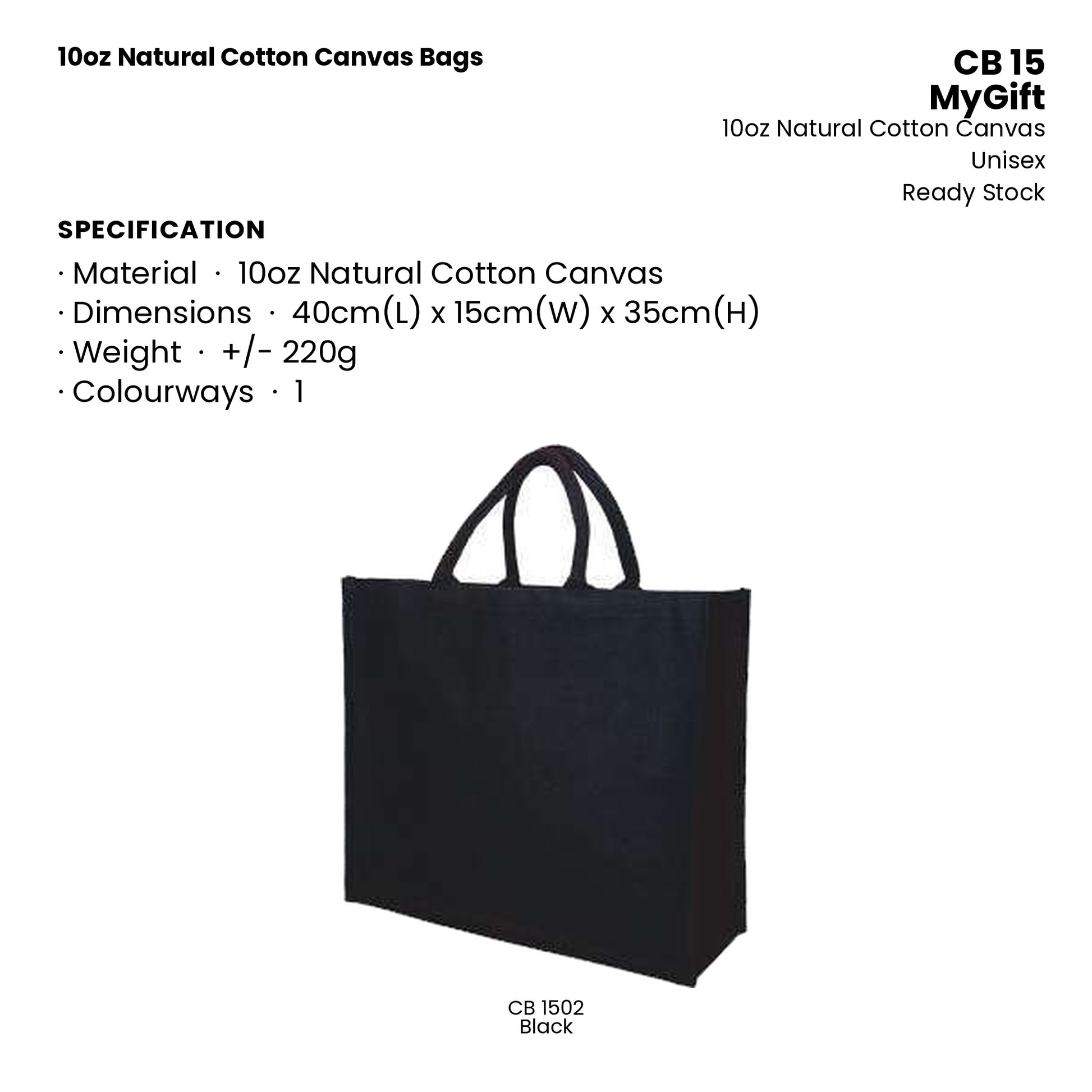 Canvas Bags - 10oz Natural Cotton Canvas Bags | CB15 | Specification and colour range | Artiztee