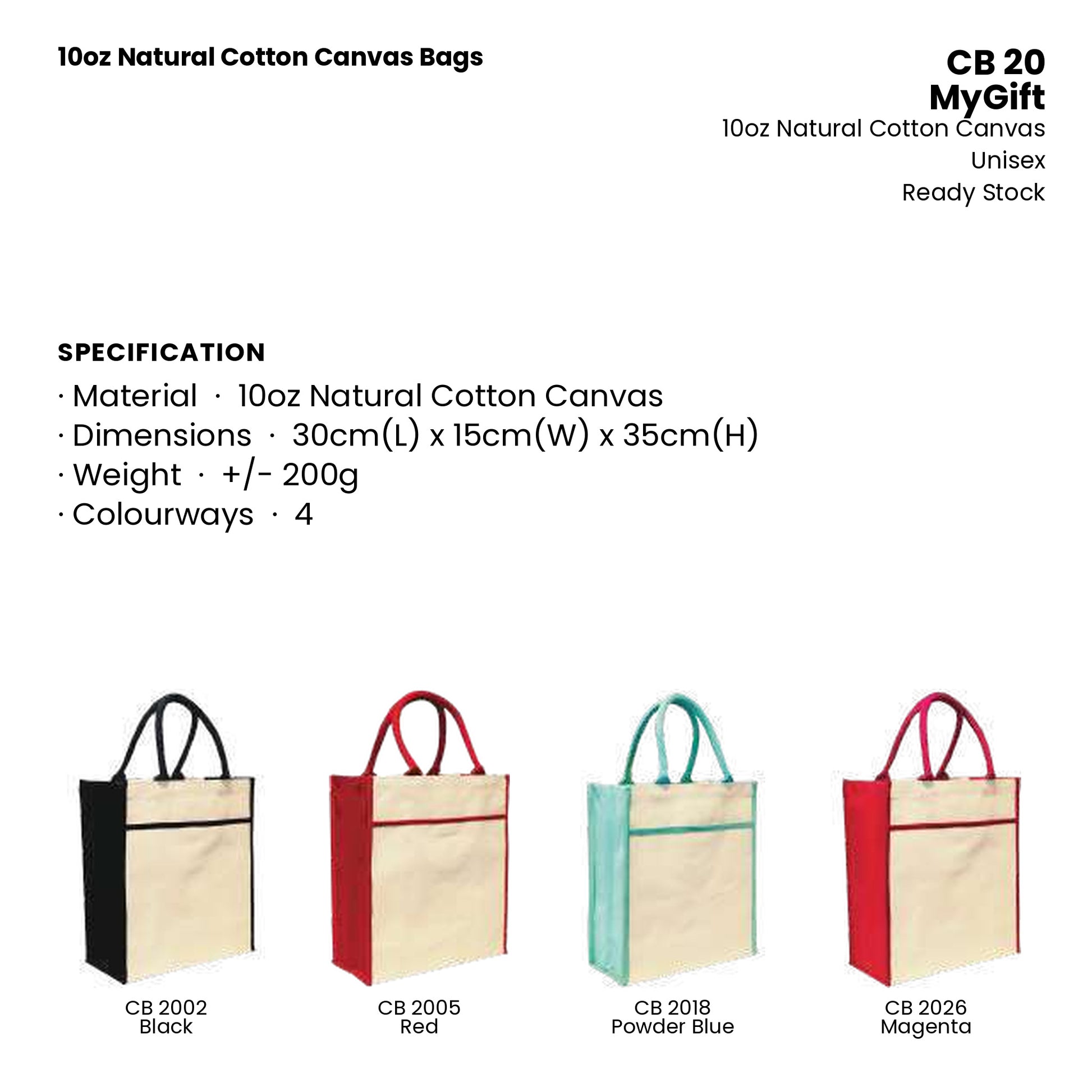 Canvas Bags - 10oz Natural Cotton Canvas Bags | CB20 | Specification and colour range | Artiztee