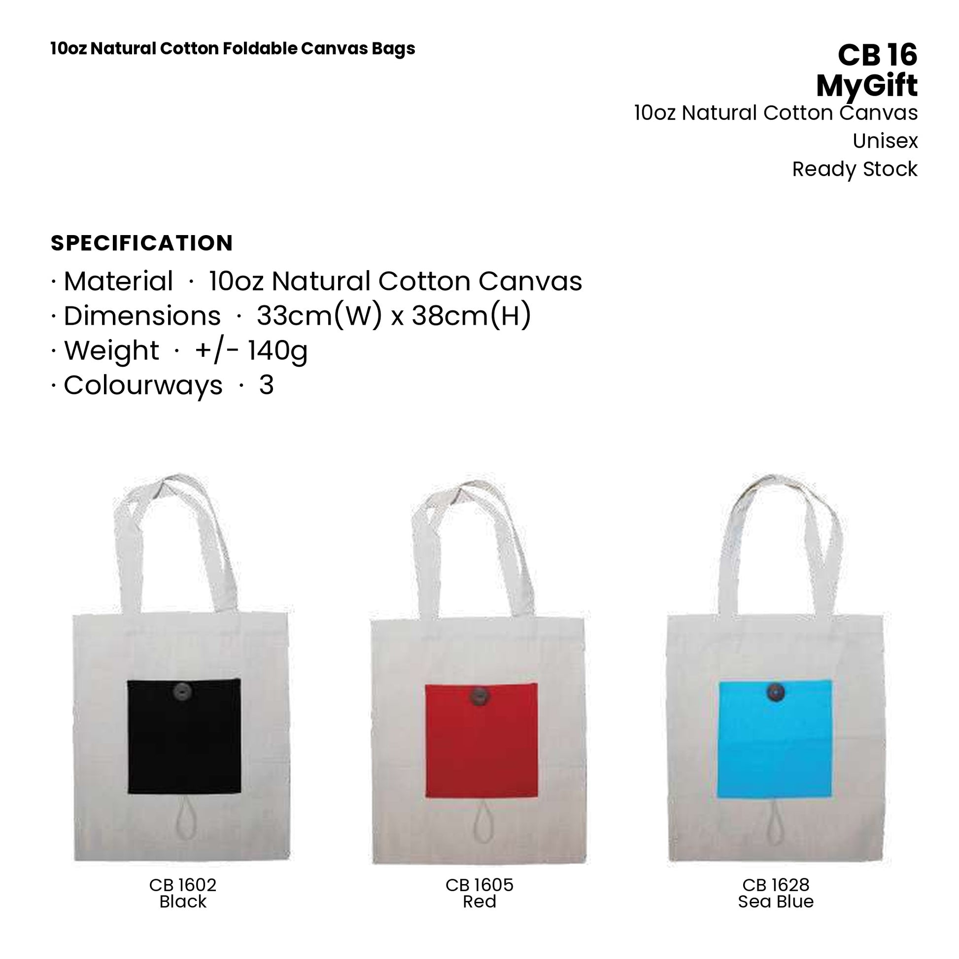 Canvas Bags - 10oz Natural Cotton Foldable Canvas Bags | CB16 | Specification and colour range | Artiztee