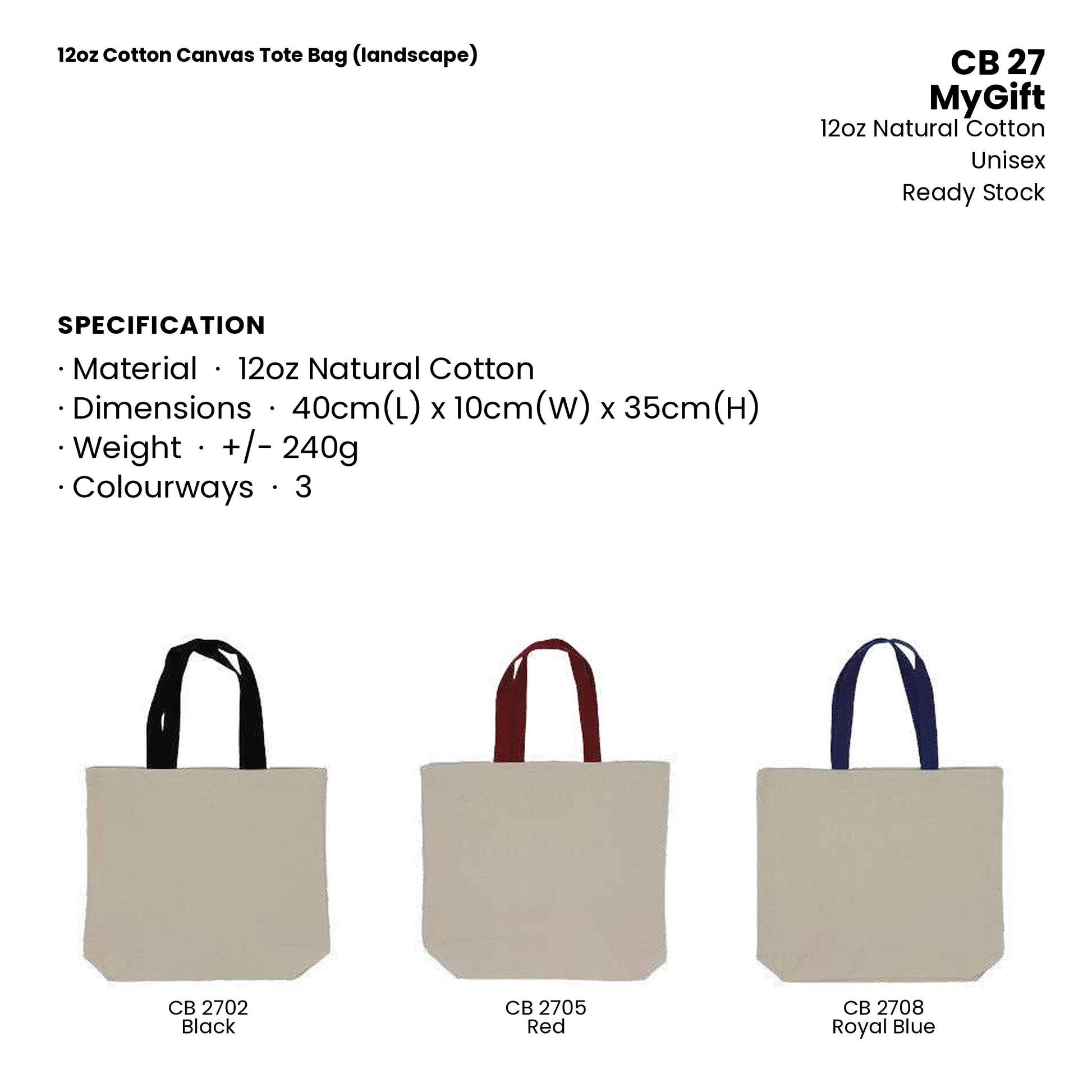 Canvas Bags - 12oz Cotton Canvas Tote Bag (landscape) | CB27 | Specification and colour range | Artiztee