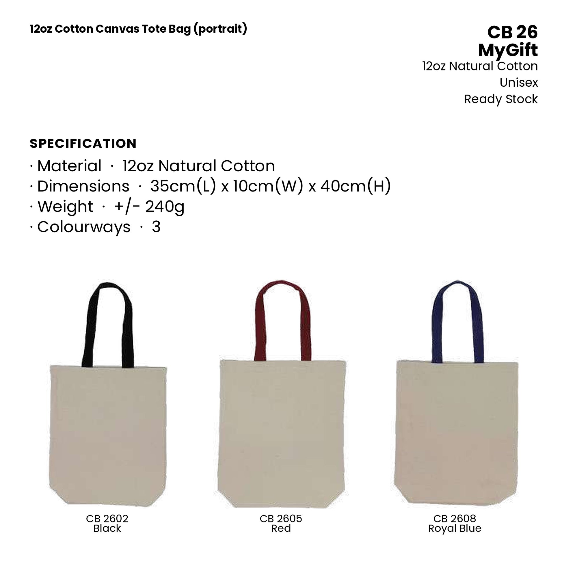 Canvas Bags - 12oz Cotton Canvas Tote Bag (portrait) | CB26 | Specification and colour range | Artiztee
